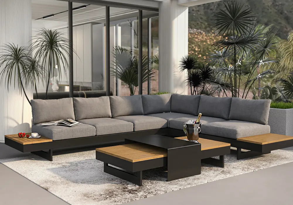 Tevara 4-Piece Outdoor Teak & Aluminum Modular Sofa Set with Coffee Table for 6 in Gray
