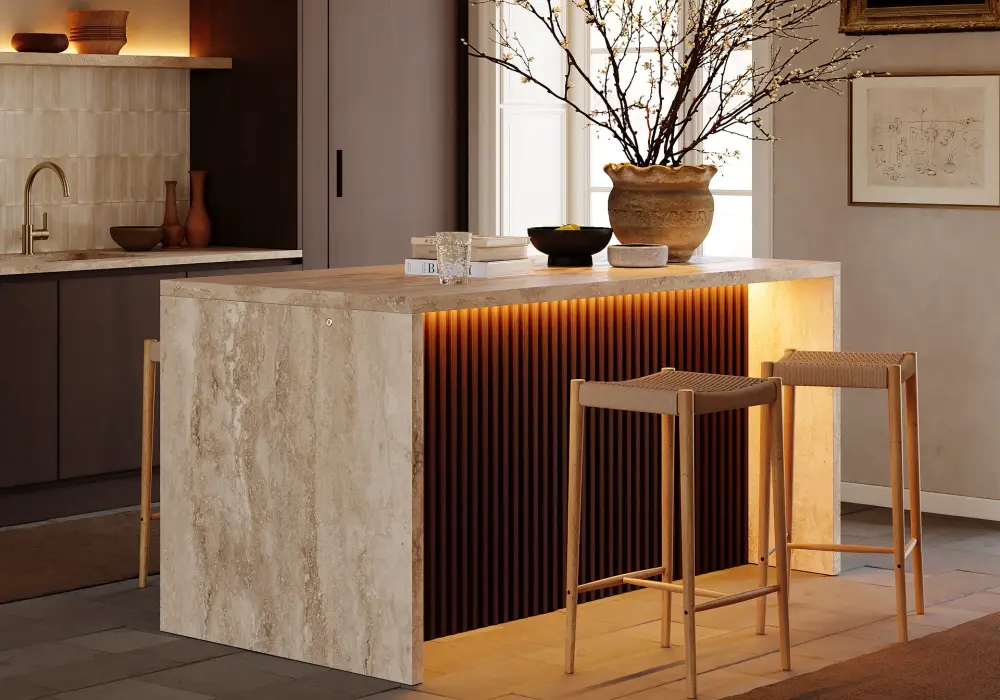 Modern Matte Travertine Kitchen Island with Storage & LED Light, Waterfall Edge