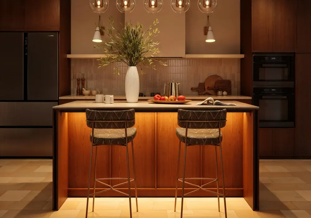 Panvyr Faux Travertine Sintered Stone Kitchen Island with Storage & LED Light