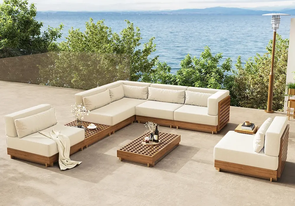 Grida 9-Piece Outdoor Teak Modular Sectional Sofa Set with Coffee Table in Ivory