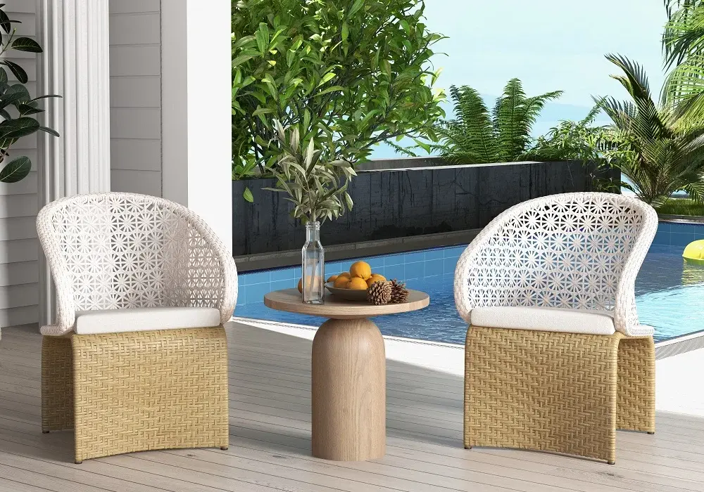 Aluminum & Rattan Outdoor Patio Dining Armchair Chair in White & Khaki (Set of 2)
