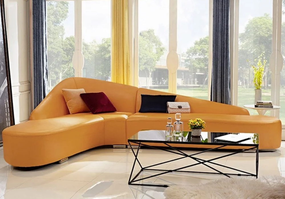 2-Piece Orange Faux Leather Upholstered L-Shaped Sectional Sofa