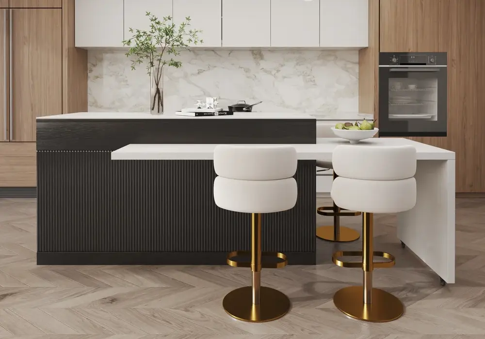 Extendable Sintered Stone Kitchen Island with Storage, Black & White