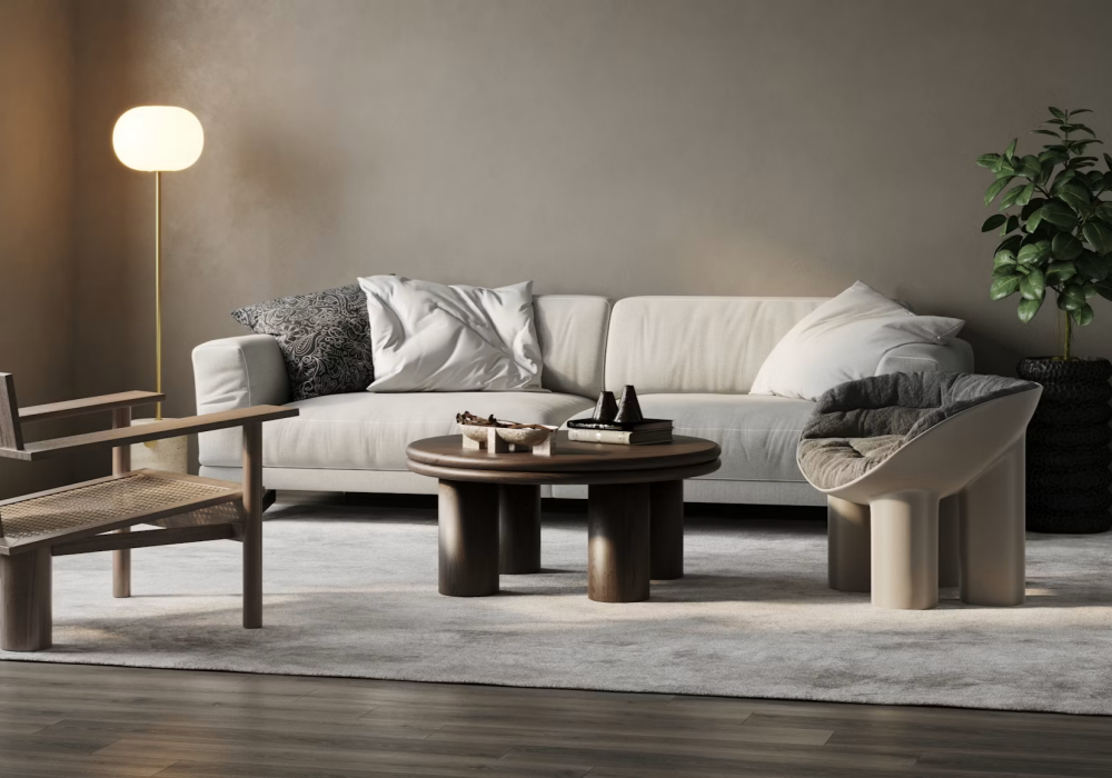 a living room with a couch, chair and table