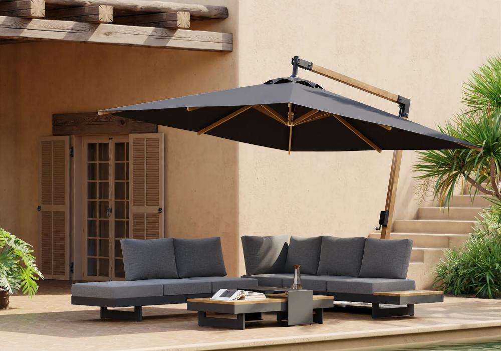 Tevara 4-Piece Outdoor Teak & Aluminum Modular Sofa Set for 6 in Gray with Black Cover