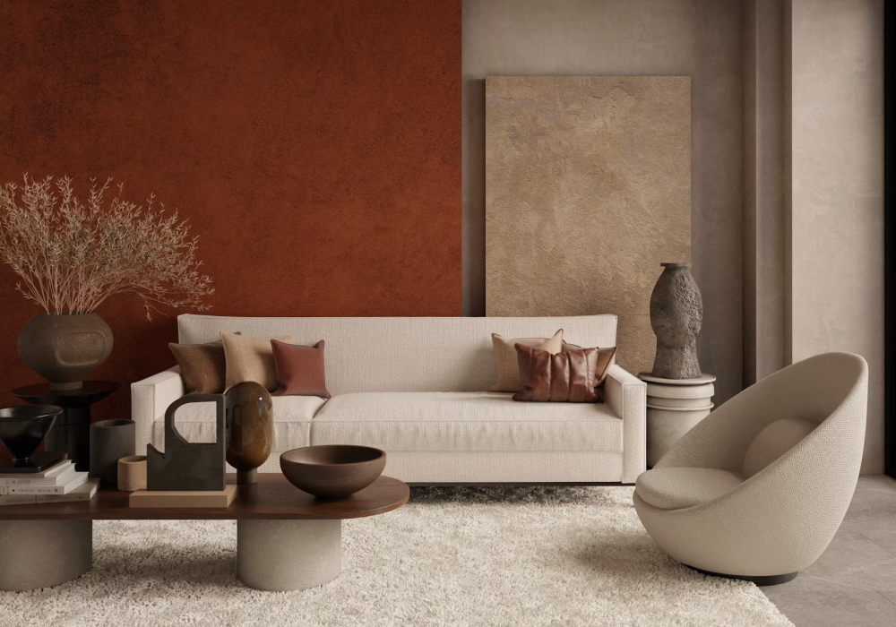A modern living room with earthy tones.