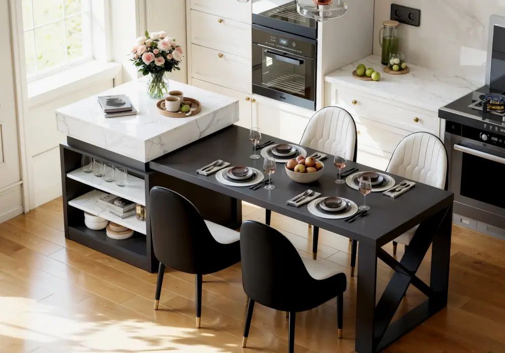Modern 73"-93" Extendable White and Black Kitchen Island with Dining Table