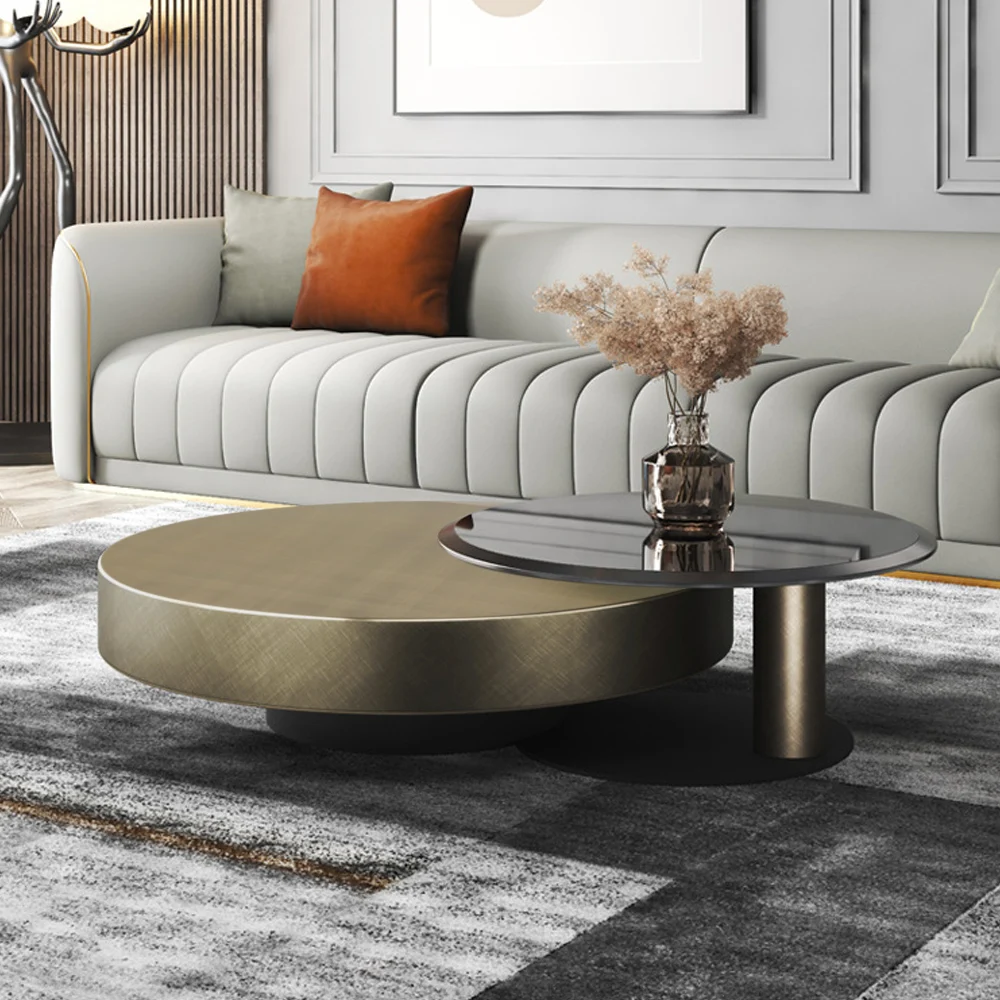 Modern Round Gold & Black 2-Piece Nesting Coffee Table Set with Tempered Glass Top