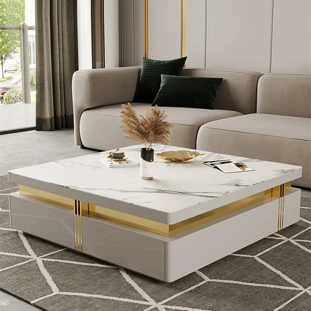 Modern White Square Storage Coffee Table with Sintered Stone Top & 4 Drawers