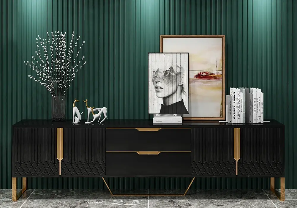 Aro Modern Black Wood TV Stand with 2 Drawers & 4 Doors Media Console for TVs Up to 80