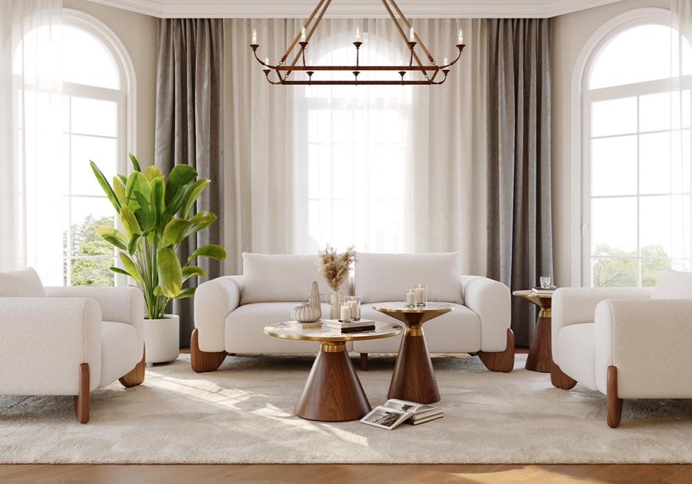 Modern / Luxurious / Nordic Style Living Room Design in White / Brown / Beige / Gold with Wooden / Cotton / Stone