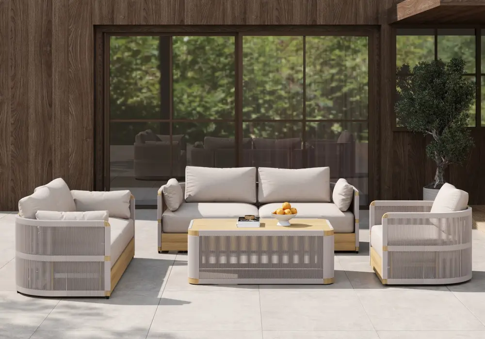 4-Piece Outdoor Rope Weave Swivel Sofa Set with Coffee Table in Ivory for 6