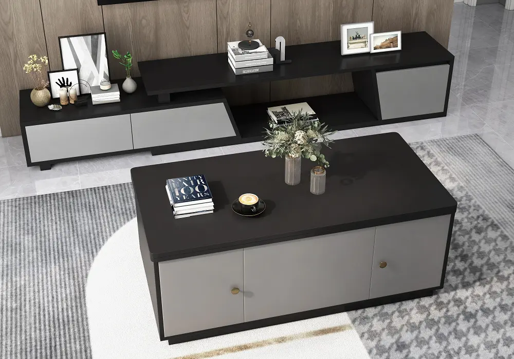 Set of 2 Gray Extendable 3 Drawers TV Stand & Lift-Top Coffee Table Set Up to 120"