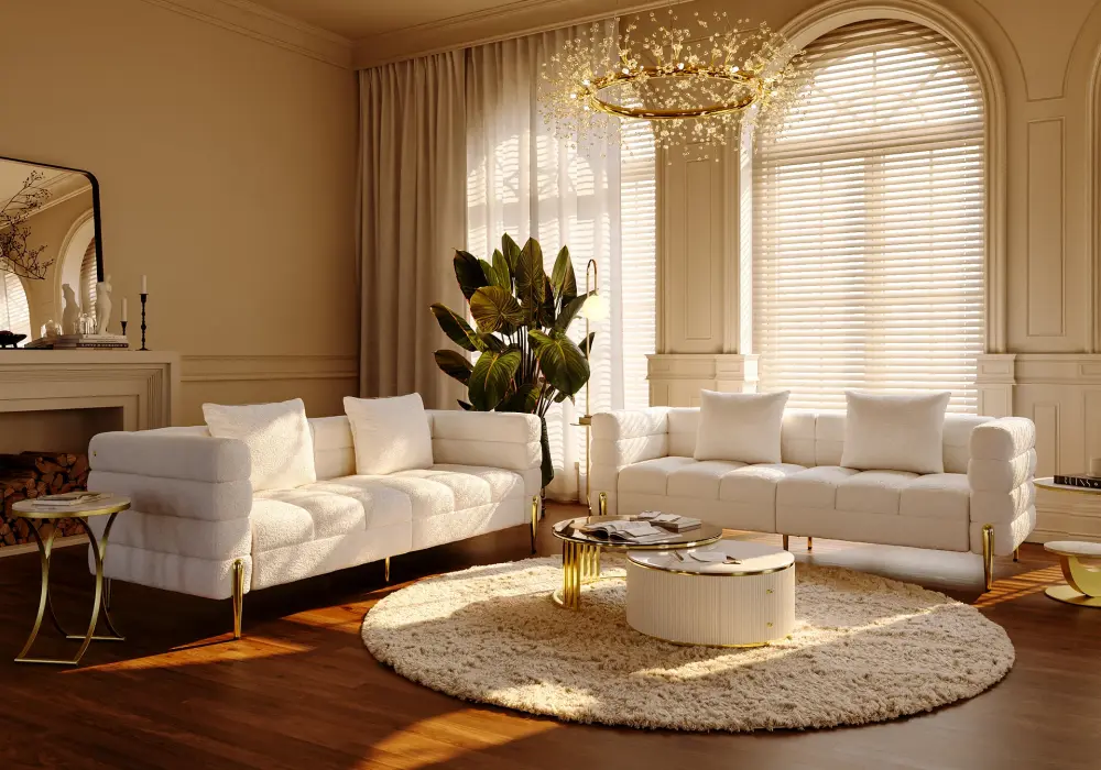 Axial 79" Boucle Fluted Sofa with Gold Legs & Pillows, Set of 2
