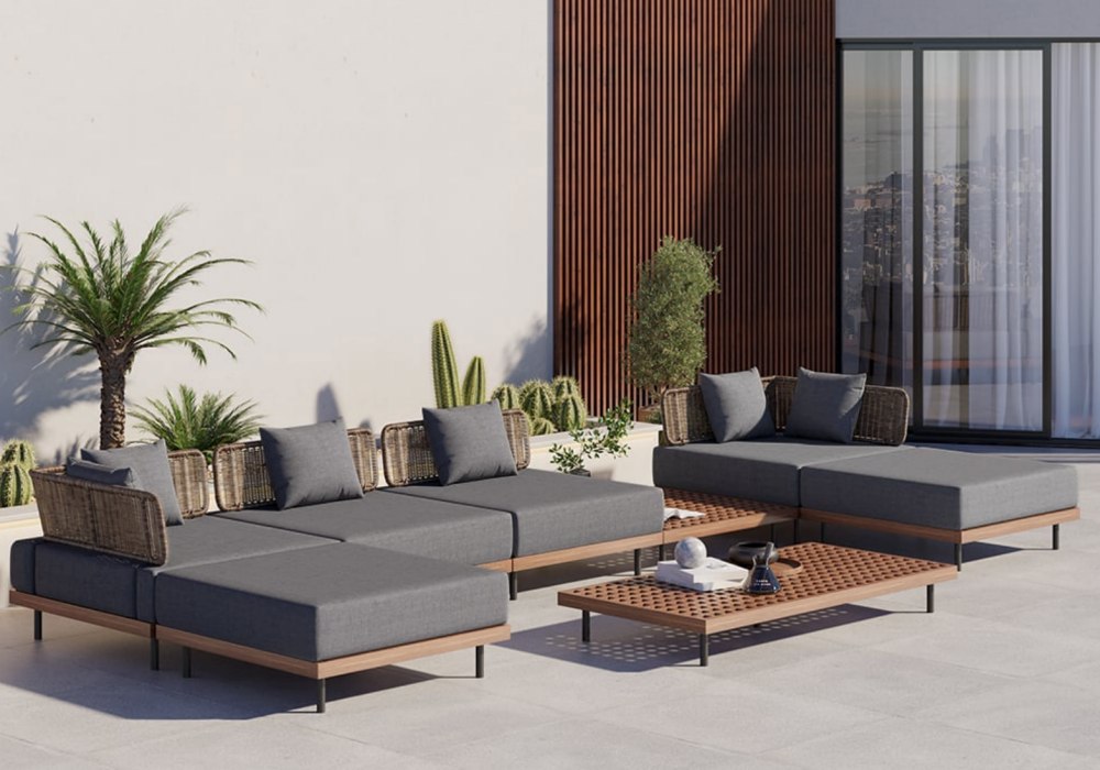 8 PiecesTeak & Aluminum & Rattan Outdoor Sectional Sofa Set with Coffee Table