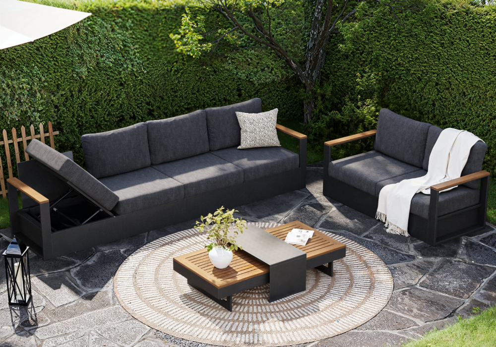Tevara Convertible Outdoor Sectional Sofa Set with Teak & Aluminum Frame, Gray