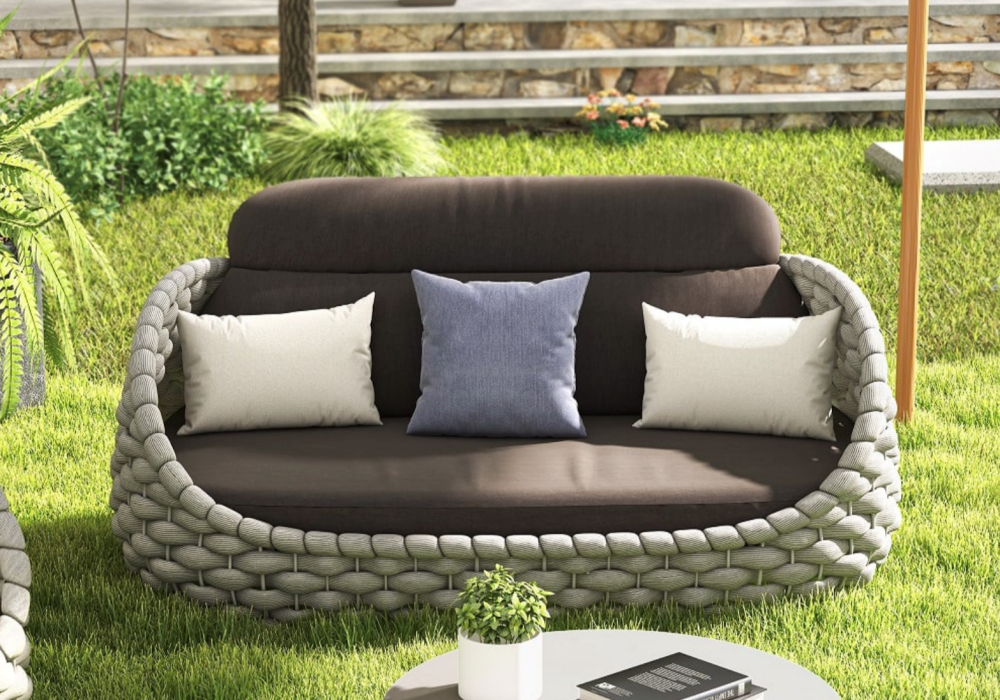 Cocaro 3 Seater Woven Outdoor Sofa Patio Couch in Gray Cushion & Pillow Included
