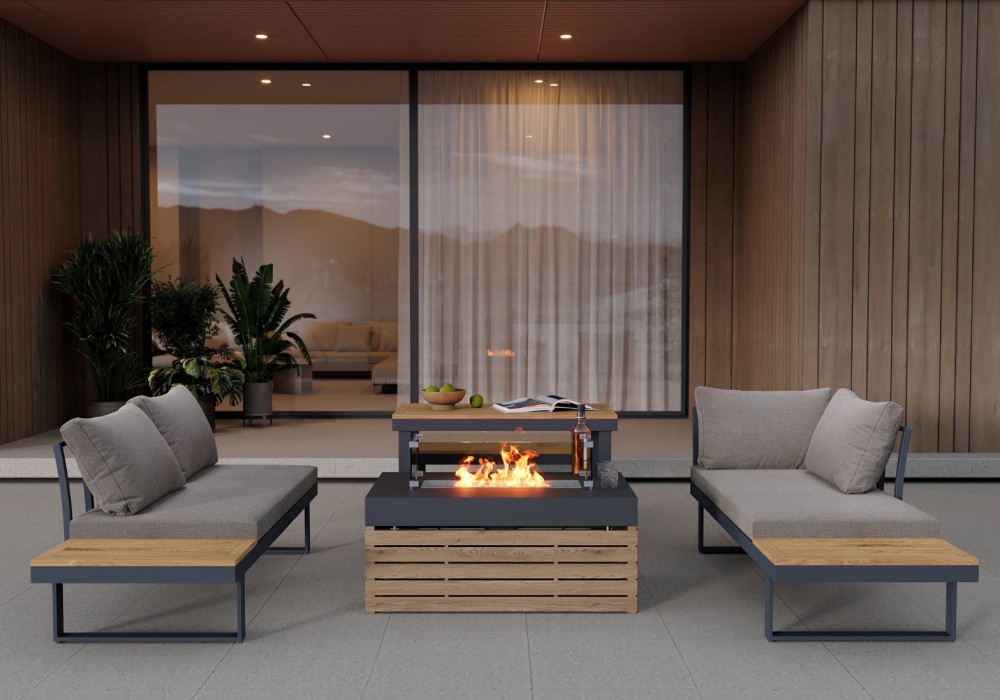 Aluminum Wood Outdoor Sectional Sofa & Propane Gas Fire Pit Table With Glass Wind Guard