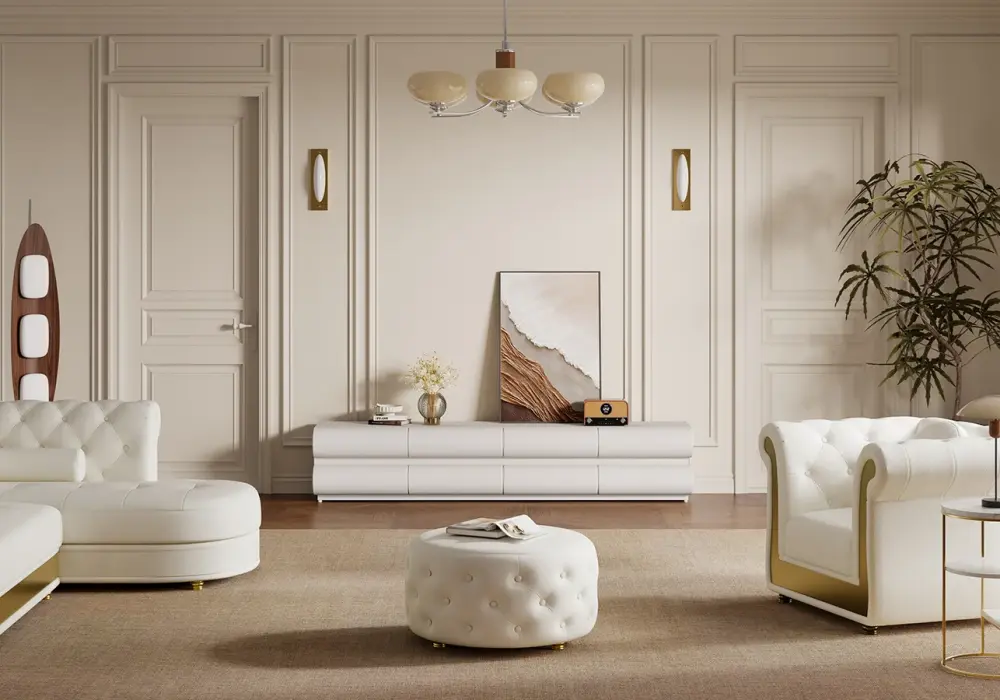 Humply Modern Warm White Leather Long TV Stand with 8 Drawers Media Console