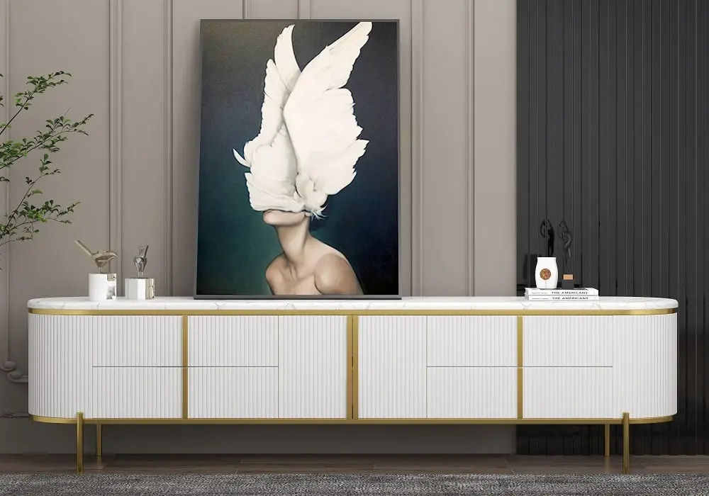 Gline Modern Oval Fluted TV Stand with Marble Top and Drawers