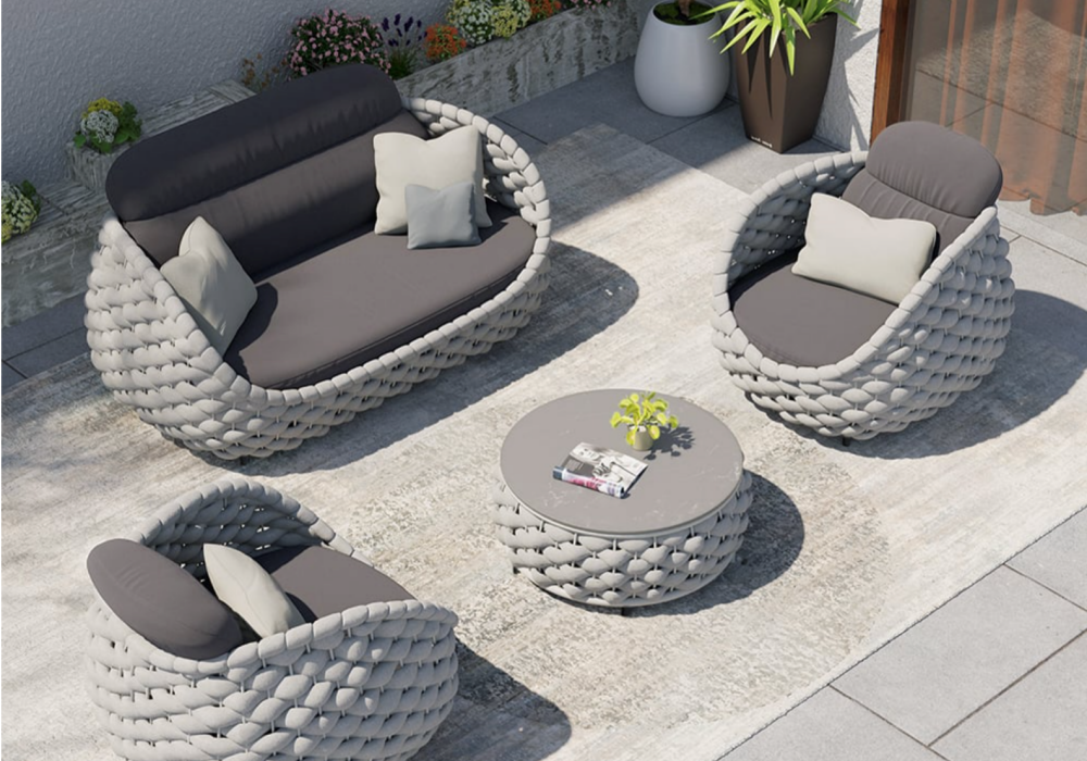 Cocaro 4-Piece Outdoor Rope Weave Sofa Set with Coffee Table in Gray
