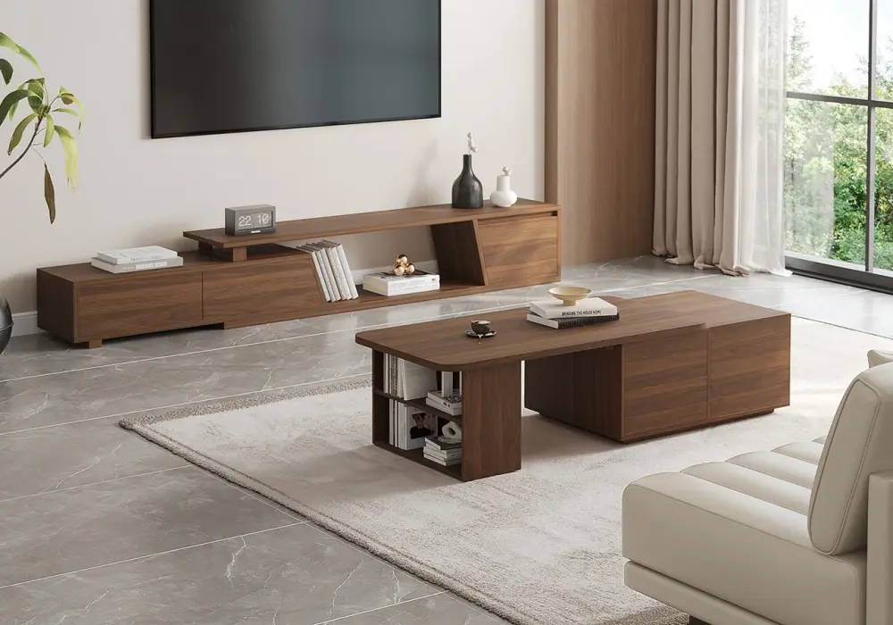 Modern / Minimalist / Nordic Style Living Room Design in Brown / Wood Tones / Beige / Gray with Wooden & Cotton