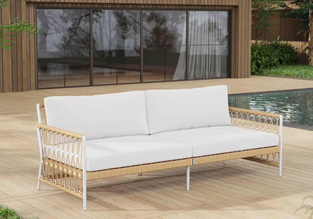 Ropipe Woven Rope Outdoor Sofa 3-Seater Sofa with White Polyester Pillow Cushions