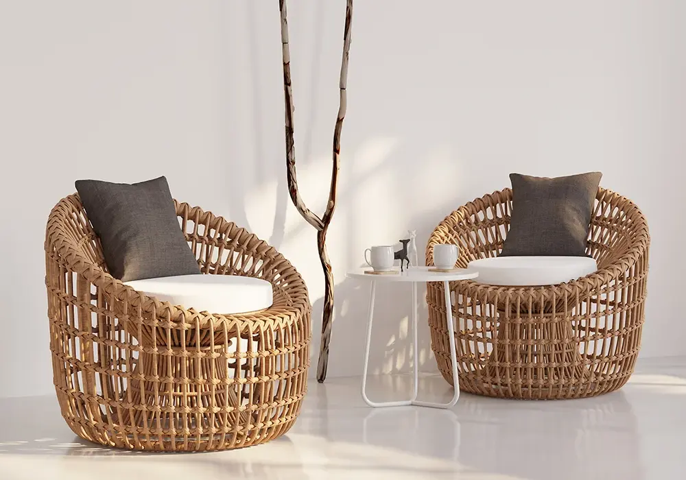 Austen Rattan Outdoor Barrel Chair Nest Shape Sidechair with Cushion in Brown