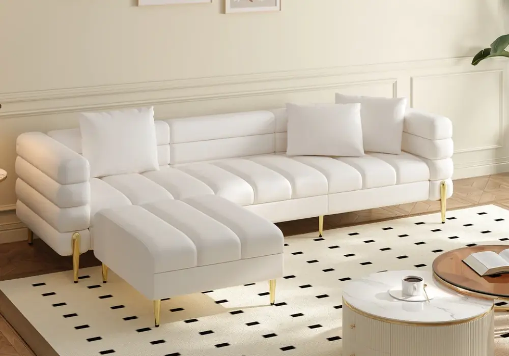 Axial 91" 2-Piece Performance Leather Sectional Sofa with Ottoman, Gold Legs & Pillows