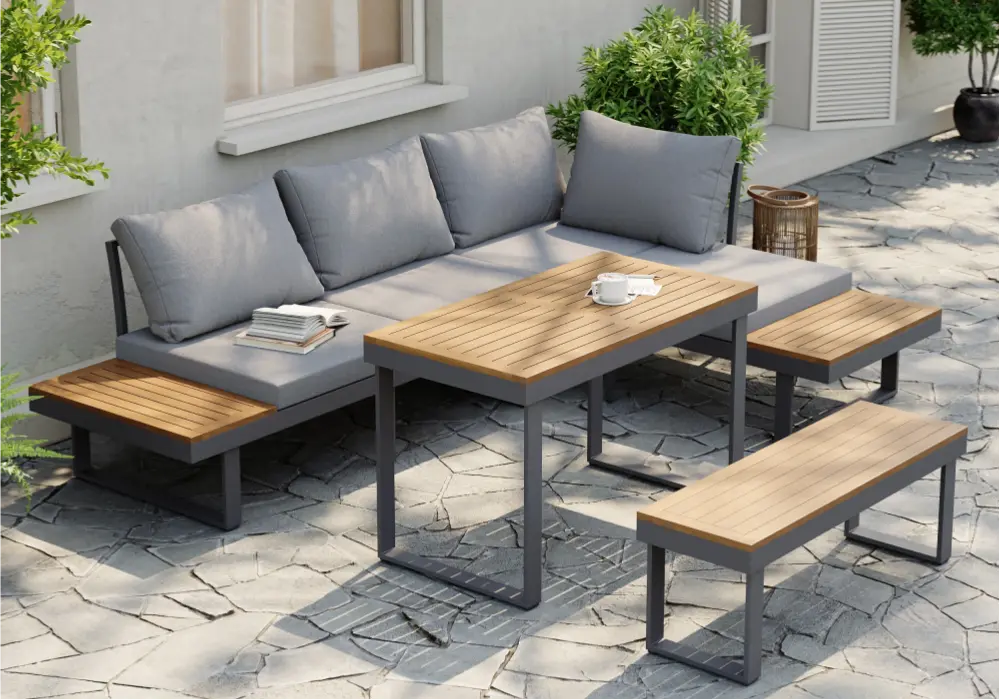 Slatera 4-Piece Outdoor Acacia & Aluminum Modular Sofa Set in Dark Gray