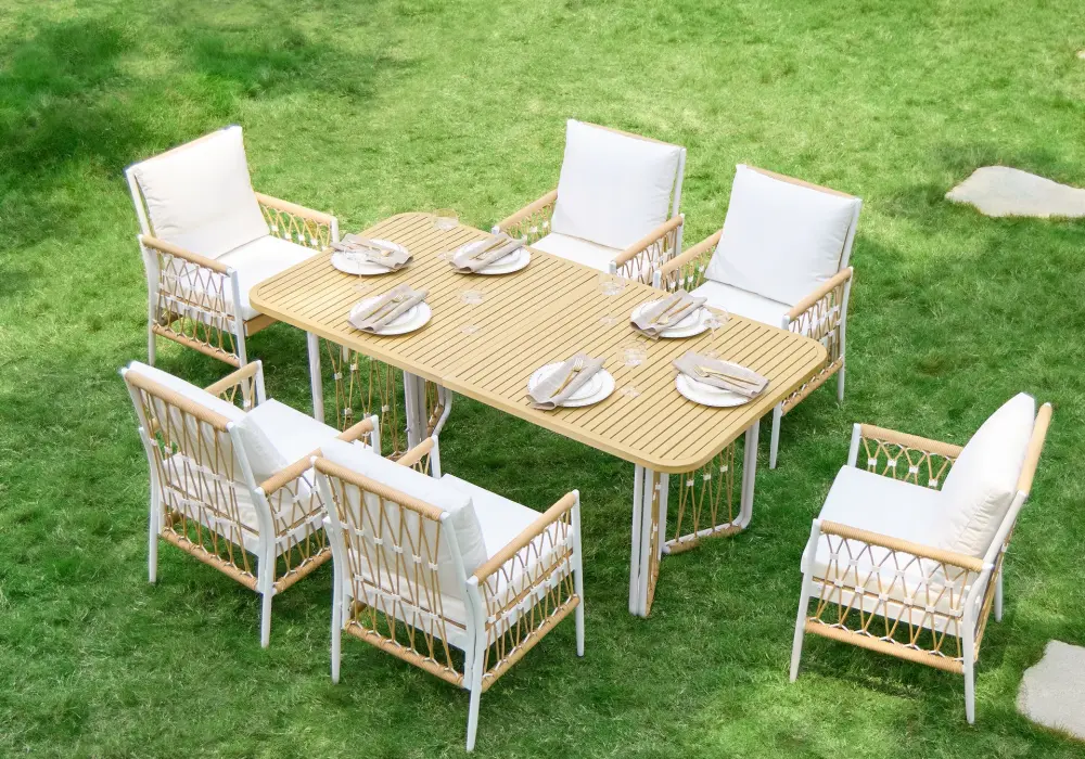 Ropipe 7-Piece Woven Rope Outdoor Dining Sofa Set in Khaki & White For 6