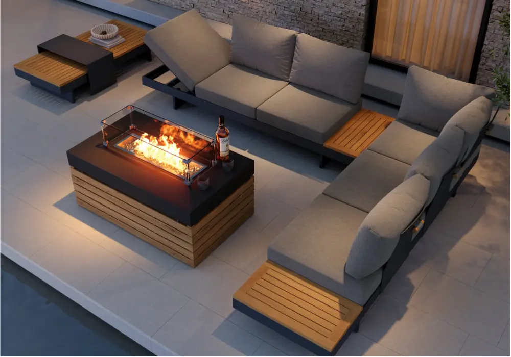 Tevara 5-Pieces Modular Teak Outdoor Sofa Set with Smokeless Fire Pit in Gray