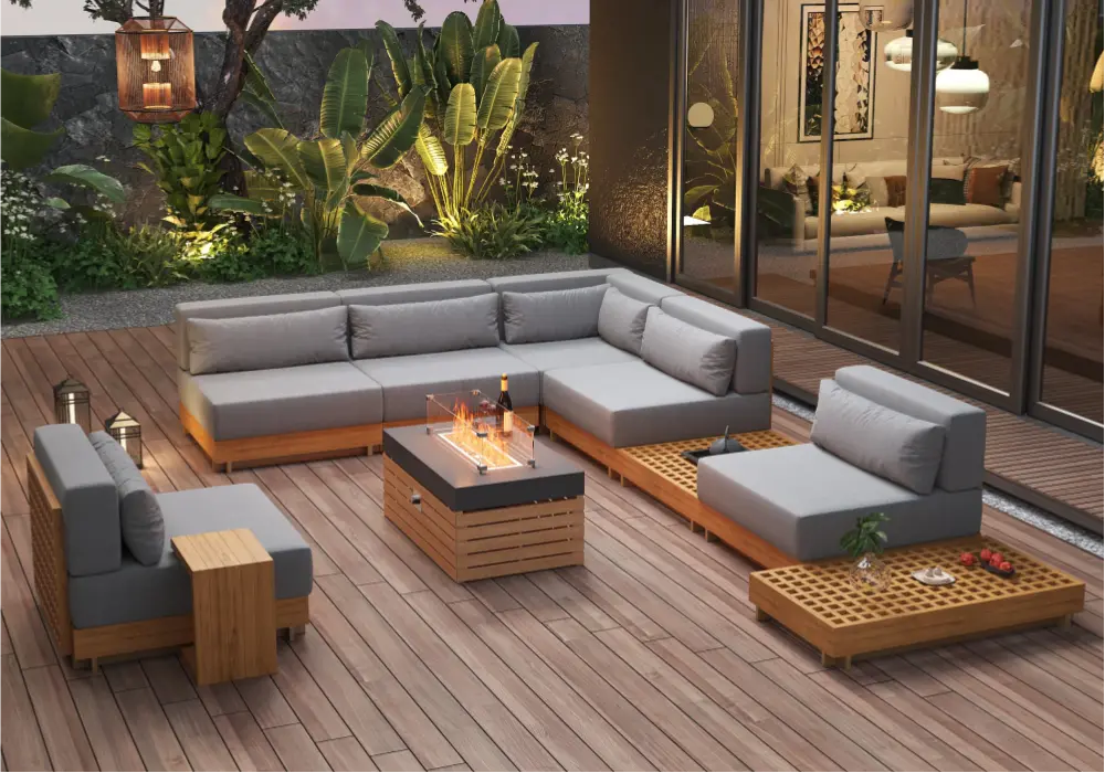 Grida 10-Pieces Premium Teak Modular L-Shaped Outdoor Sofa Set with Fire Pit in Gray
