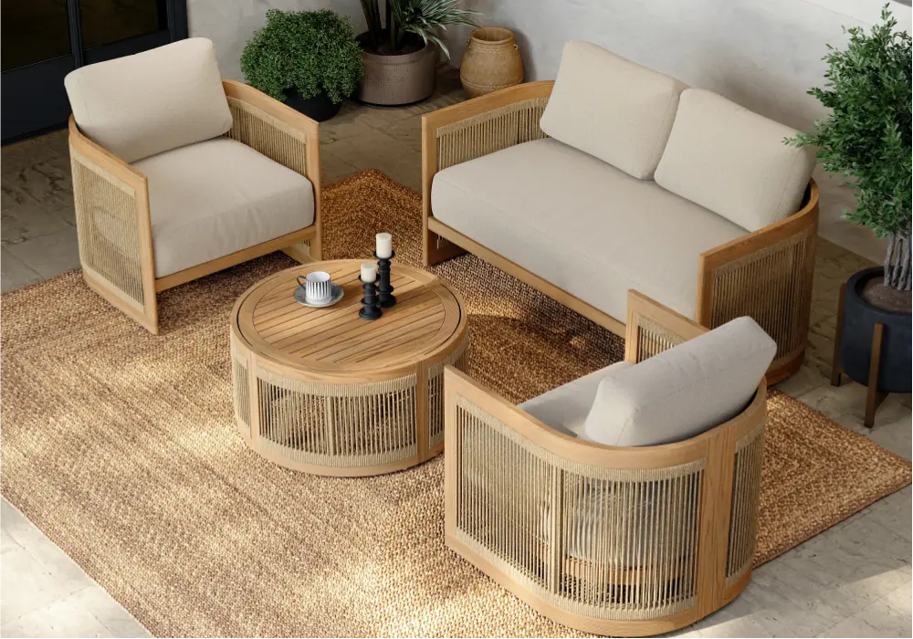 Boheva 4-Piece Outdoor Teak & Rope Weave Sofa Set with Coffee Table for 4