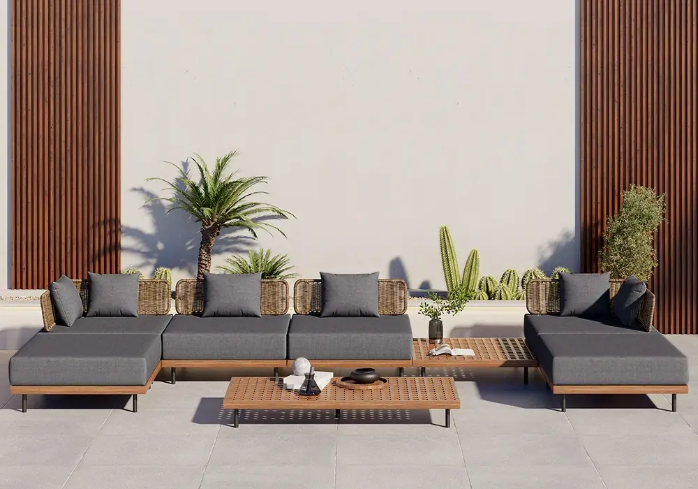 8 PiecesTeak & Aluminum & Rattan Outdoor Sectional Sofa Set with Coffee Table