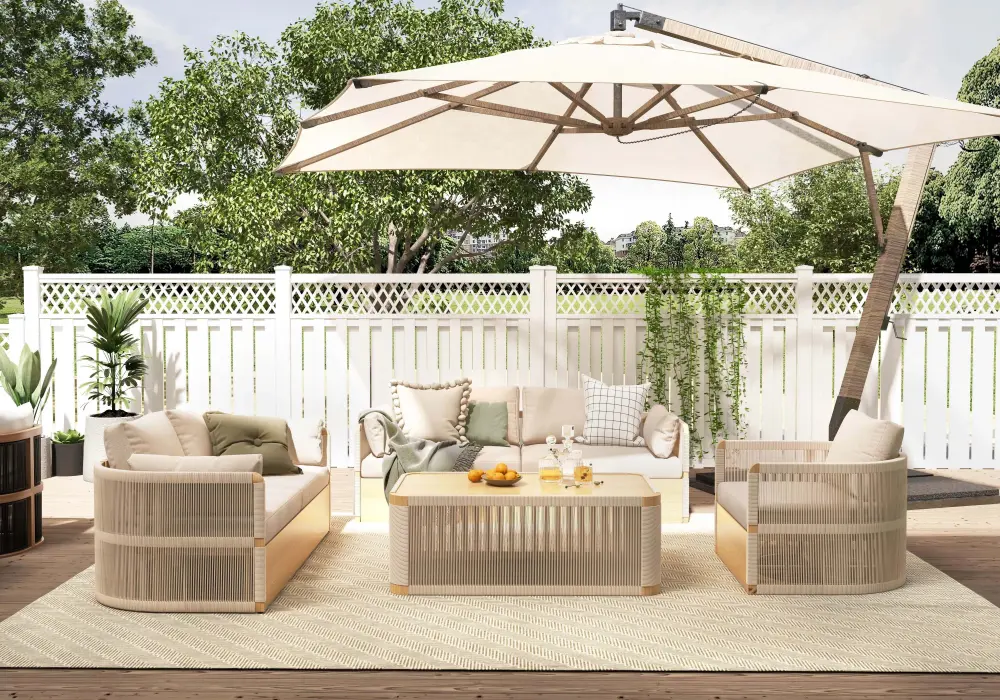 4-Piece Outdoor Rope Weave Swivel Sofa Set with Coffee Table in Ivory for 6