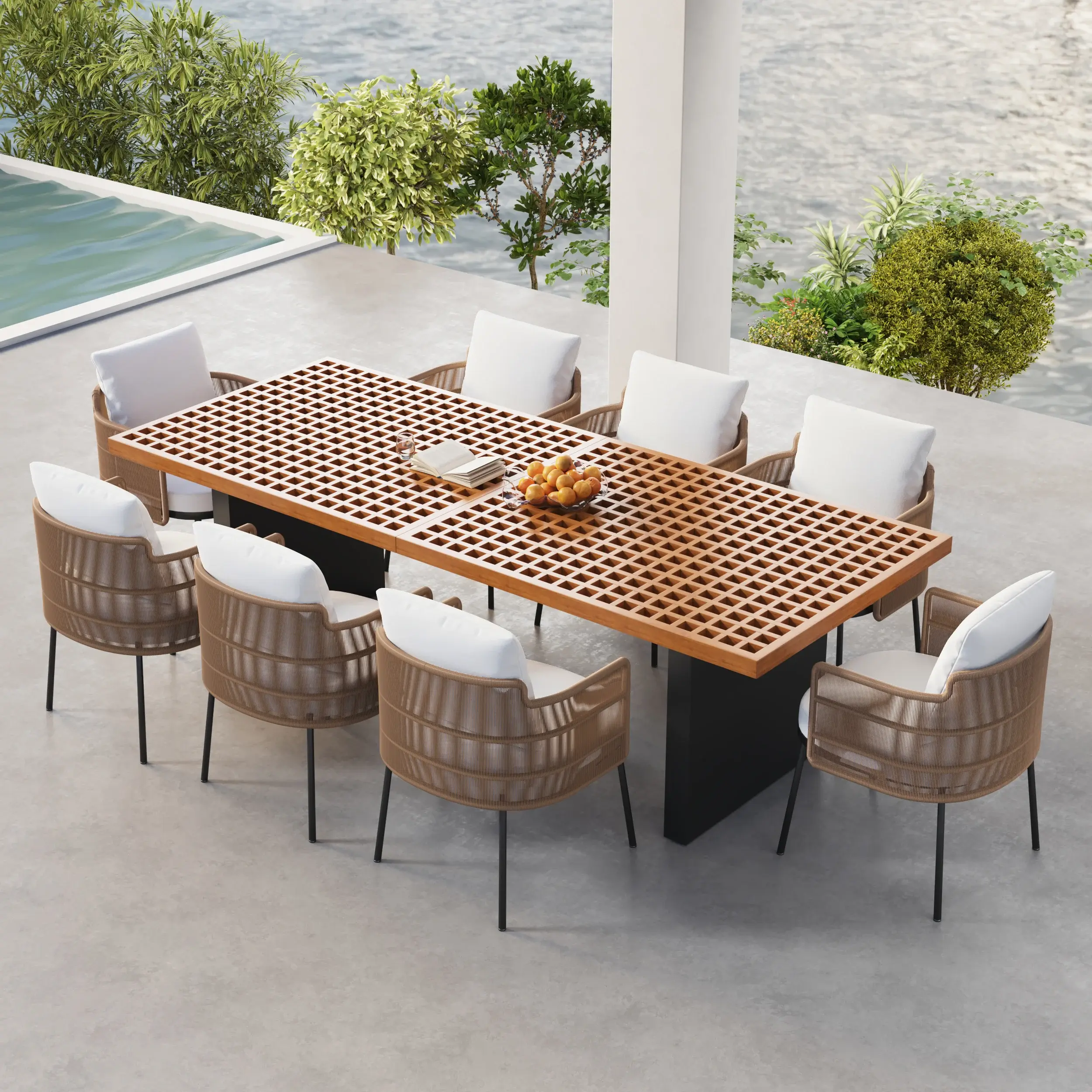Grida 9-Piece Outdoor Teak & Resin Rattan Rectangular Dining Set with 8 Chairs