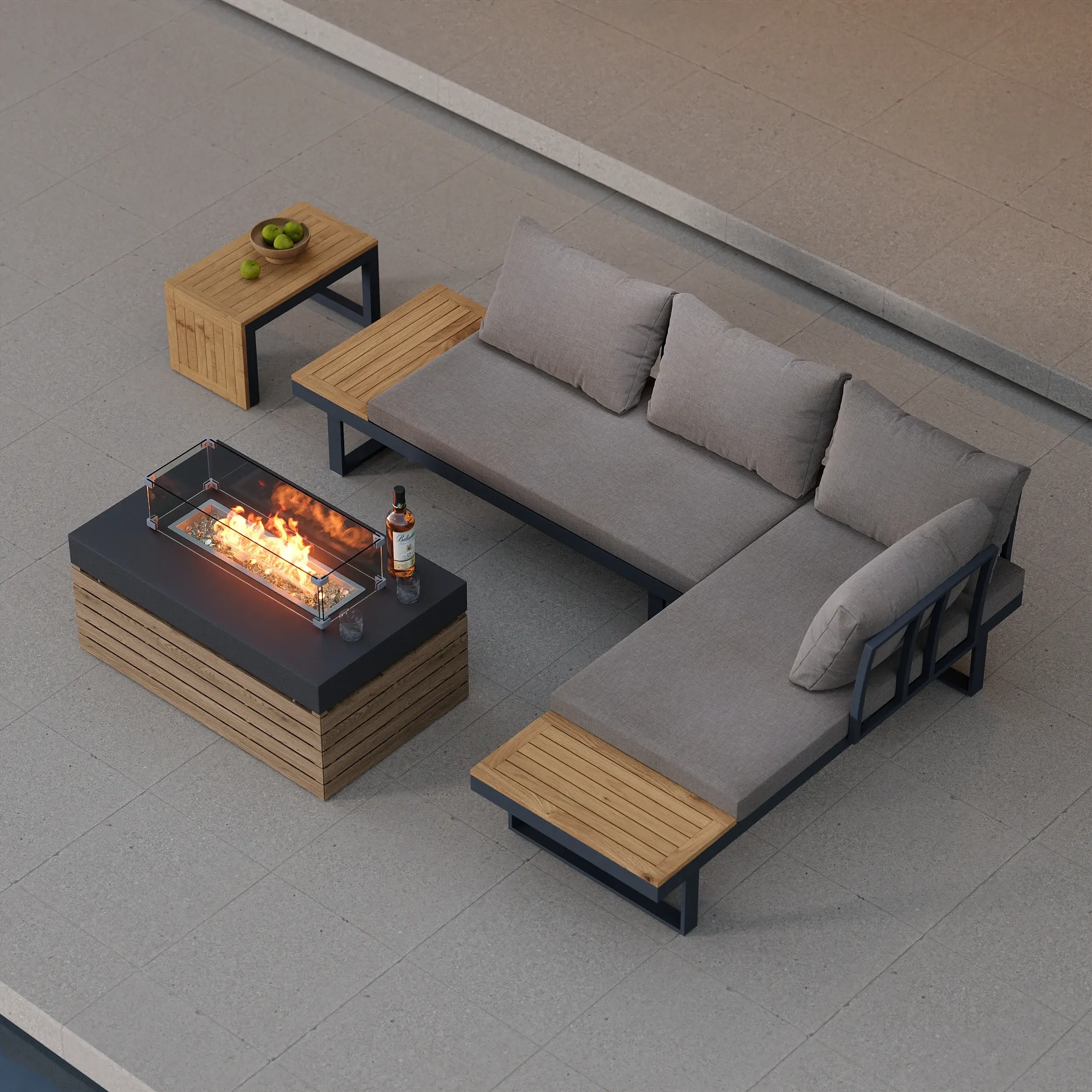 4-Pieces Modular L-Shaped Teak Sectional Outdoor Sofa Set with Fire Pit in Gray