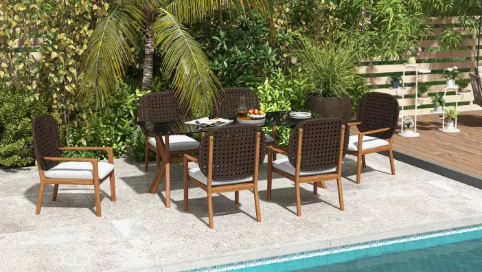 3 Pieces Teak Wood Outdoor Dining Set with Glass Top Table Rattan Armchair in Natural