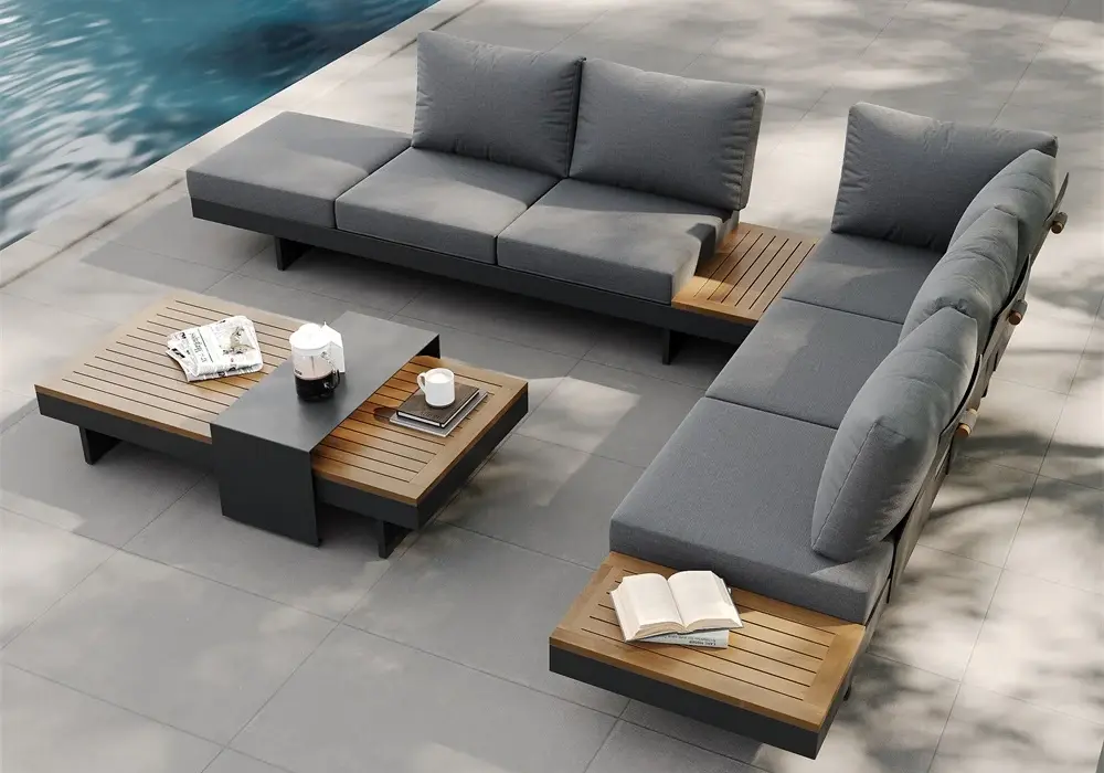 Tevara 4-Piece Outdoor Teak & Aluminum Modular Sofa Set for 6 in Gray with Black Cover