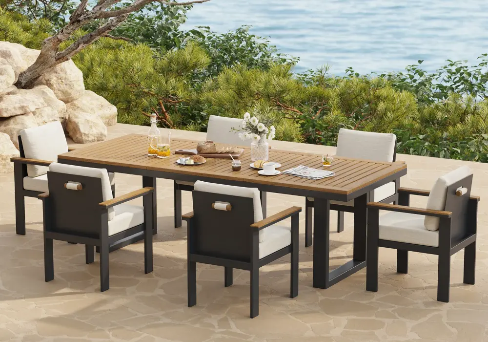 Tevara 7 Pieces Rectangle Teak & Aluminum Outdoor Patio Dining Set for 6 Person