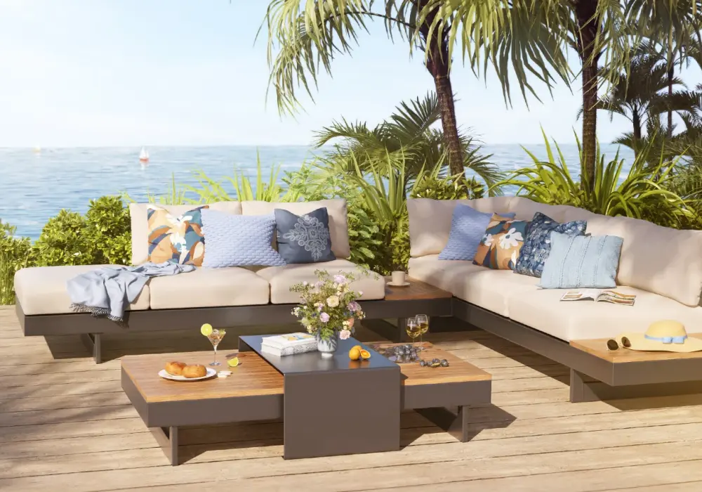 Modern & Minimalist Outdoor Design in White  Beige  Wood Tones with Wooden  Cotton  Rattan