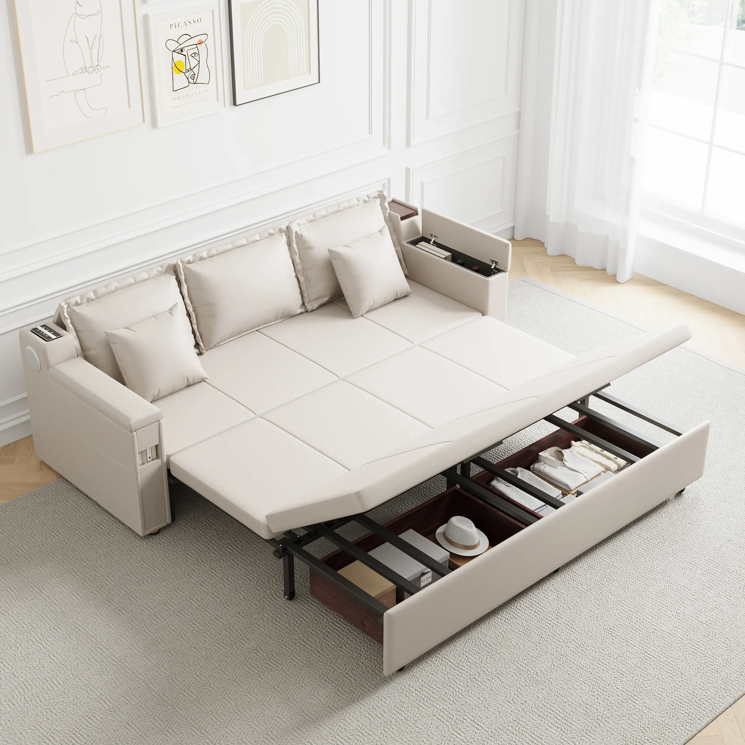83" King 3-Seater Leather Sleeper Sofa with Speaker & USB Ports