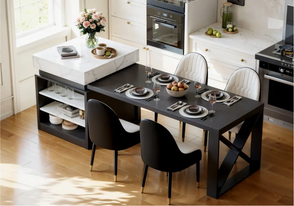 Modern 73"-93" Extendable White & Black Kitchen Island with Dining Table, Seats 4