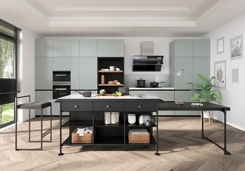 60" Industrial Extendable Faux Marble Kitchen Islands Black with 3-Drawer