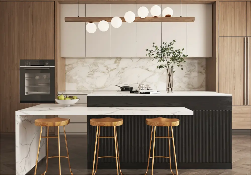 Modern 81"–106" Extendable Marble Pattern Kitchen Island with Doors & Drawers, Black