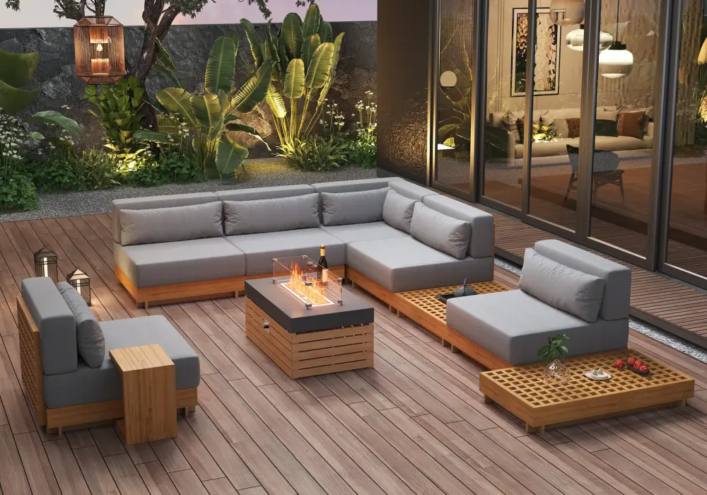 Grida 10-Pieces Premium Teak Modular L-Shaped Outdoor Sofa Set with Fire Pit in Gray