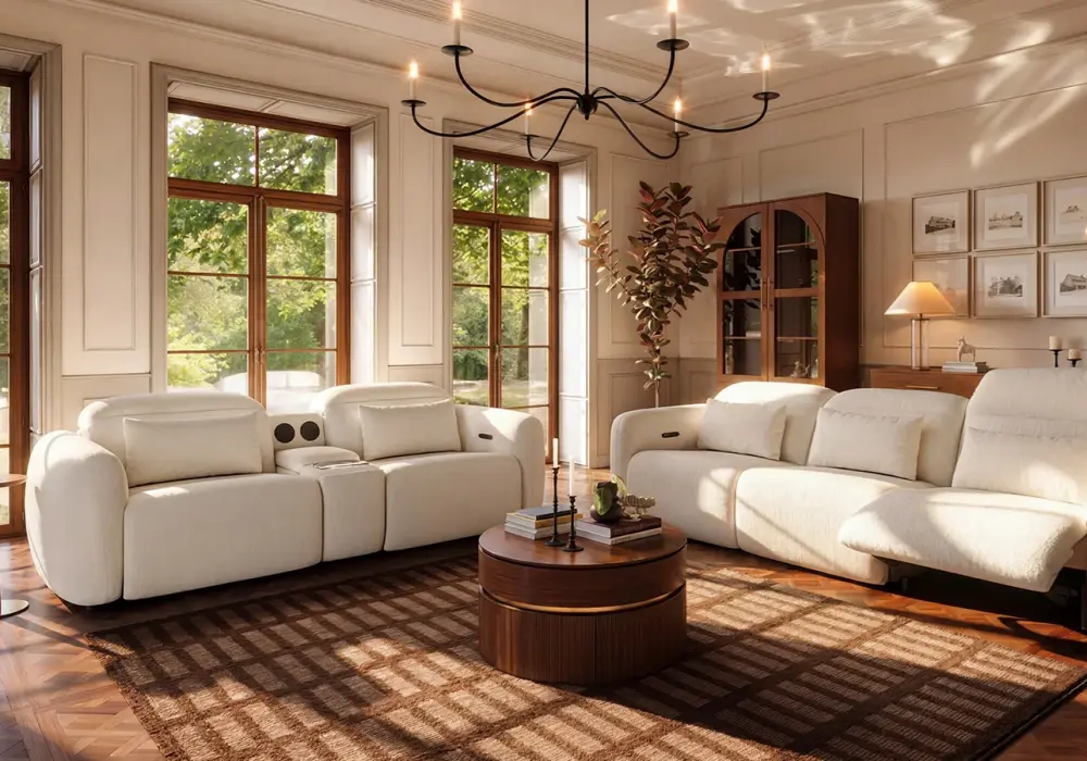 Modern Mid-Century Modern Luxurious Living Room Design in White Beige Brown Black with Wooden Metal Glass
