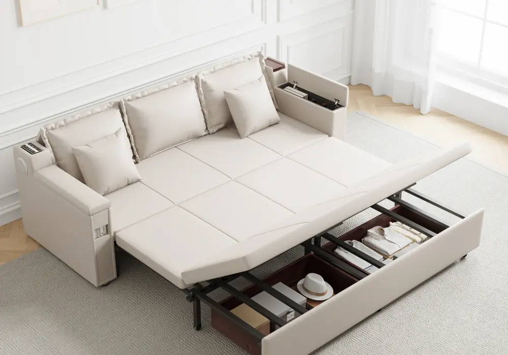 83 King 3-Seater Leather Sleeper Sofa with Speaker & USB Ports