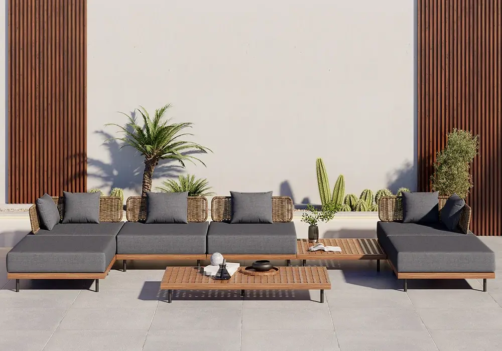 8 PiecesTeak & Aluminum & Rattan Outdoor Sectional Sofa Set with Coffee Table